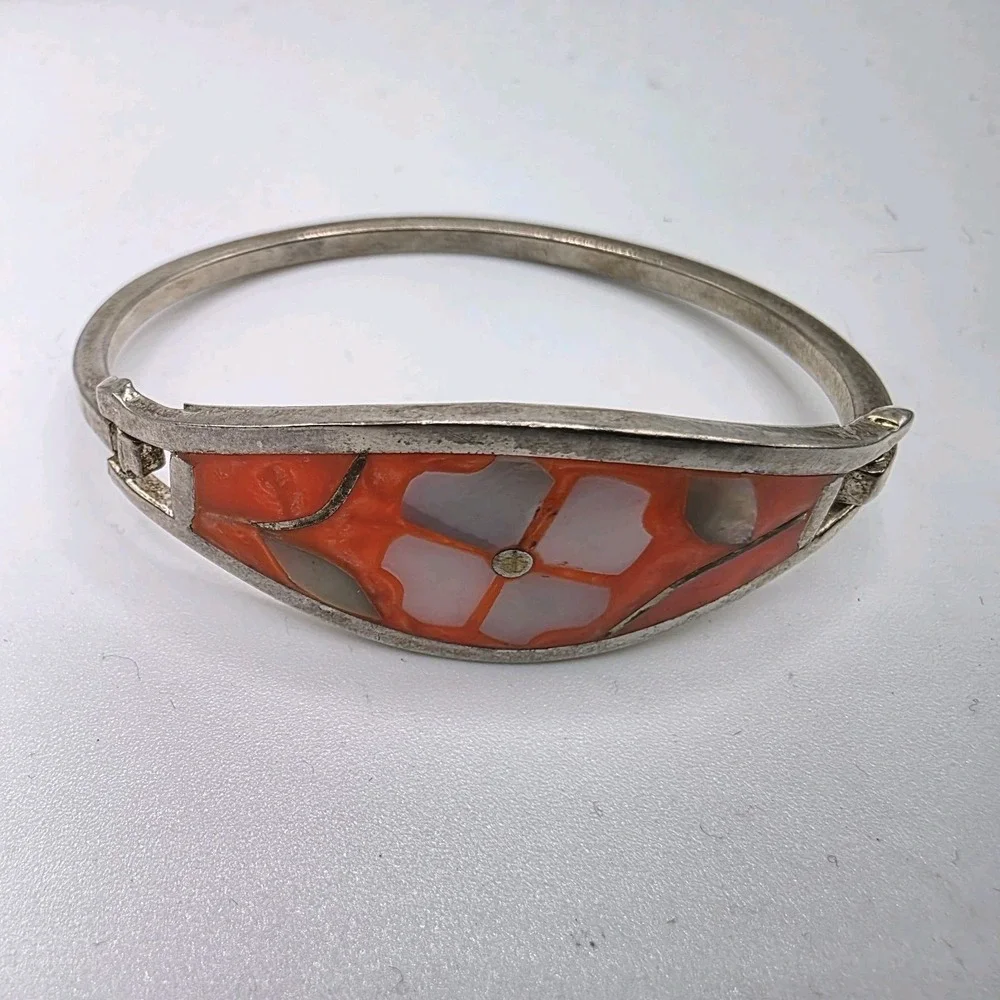 Vintage Alpaca Mexico Bracelet‎ Flower Abalone Inlay Enamel Orange Child Size